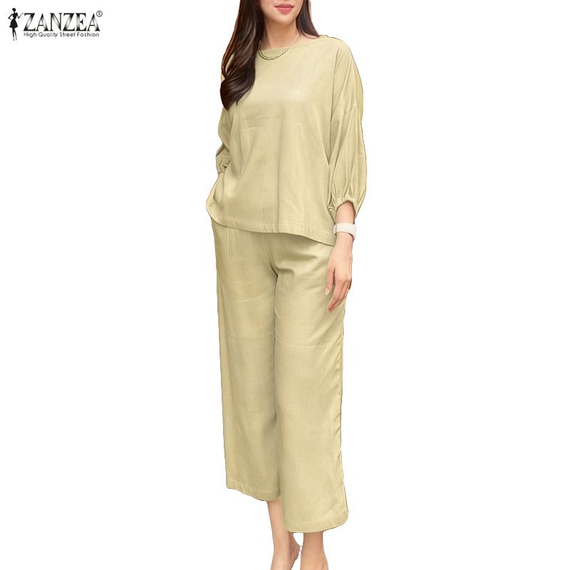 ZANZEA Damska bluzka i spodnie z rękawem 3/4, codzienne dwuczęściowe zestawy garniturów