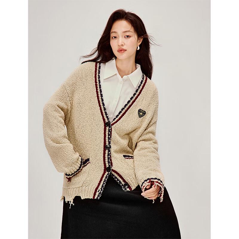 INMAN Retro Color Block Distressed V-Neck Knit Cardigan