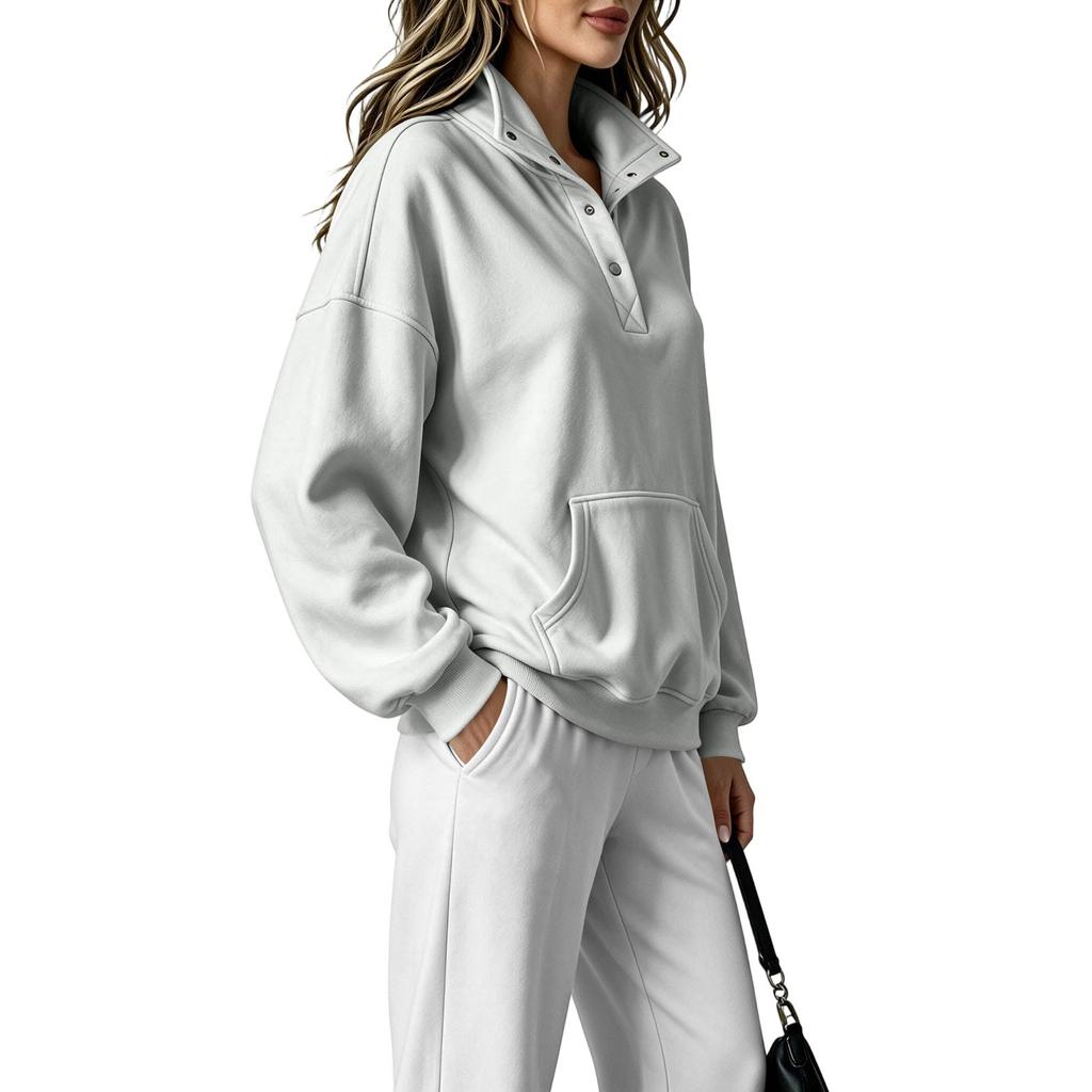 Women's Color Stand Collar Button Up Sweatshirt Fashion Casual Long Sleeve Top