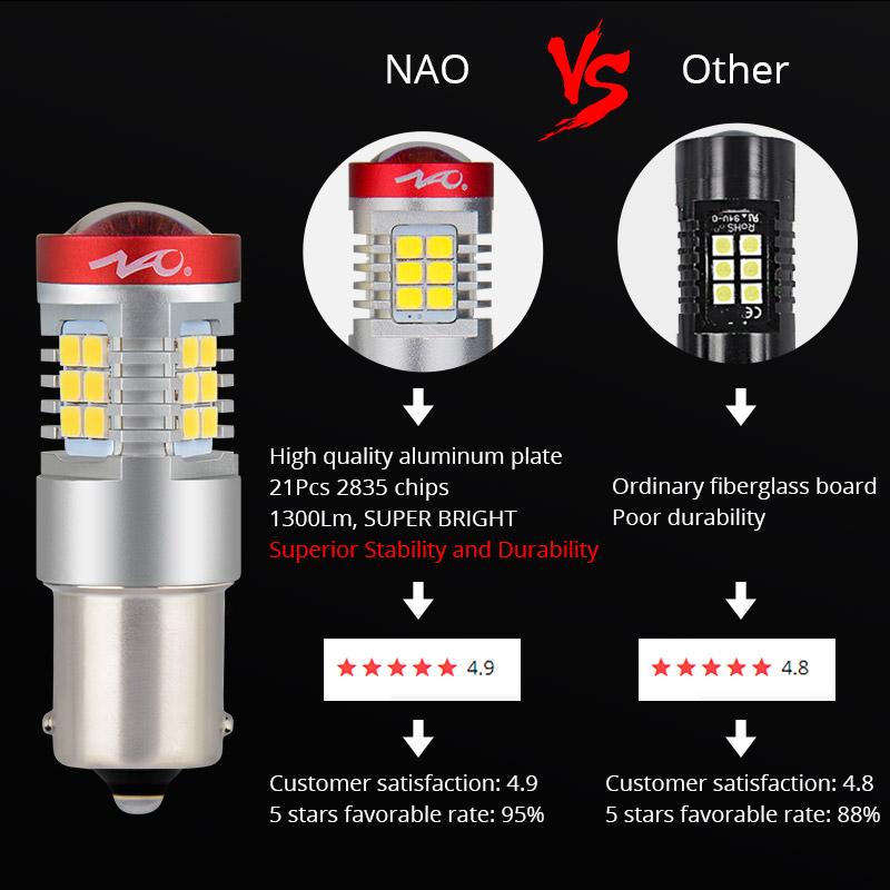 NAO P21W LED 1156 PY21W BA15S T20 W21/5W W5W T10 7443 For LADA DRL P21/5W 1300LM Car Lights Bulb 7440 BAY15D W21W 1157 Red White Dome Lights 6
