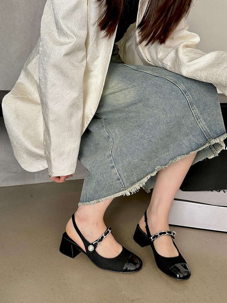 Sandale de damă la modă cu vârf rotund negru argintiu alb auriu pantofi de vară pentru rochie 2024 noi sosiri toc mic design cu perle pantofi la modă 35-39