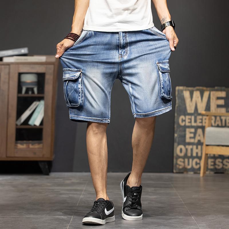 Sommer Elastisch Retro Mehrere Taschen Werkzeuge für Jeansshorts Herrenhosen Hosen Locker Große Größe