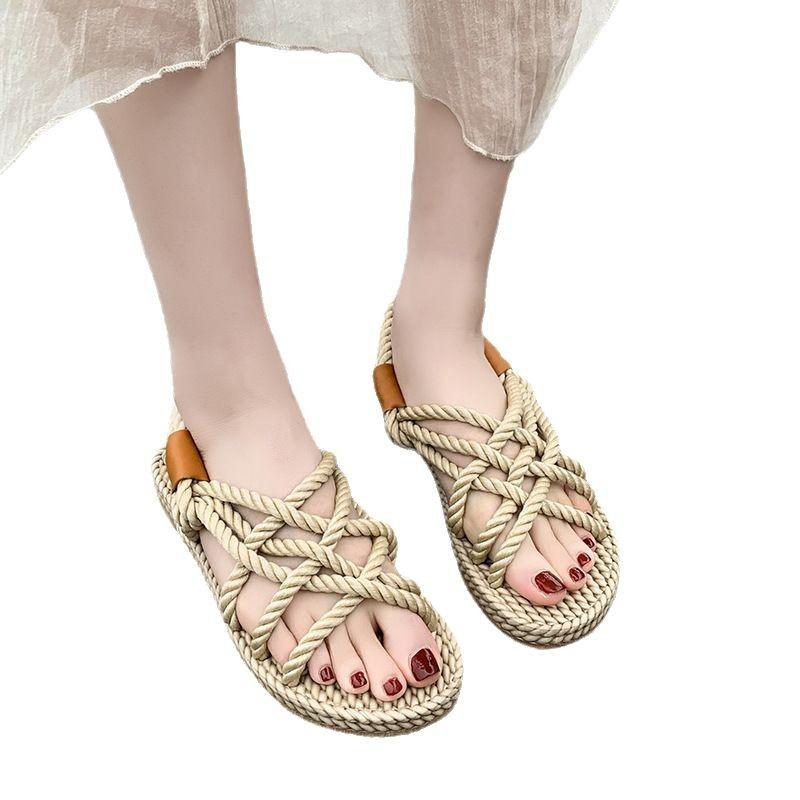 European and American hemp rope sandals woven Roman beach sandals flat bottom