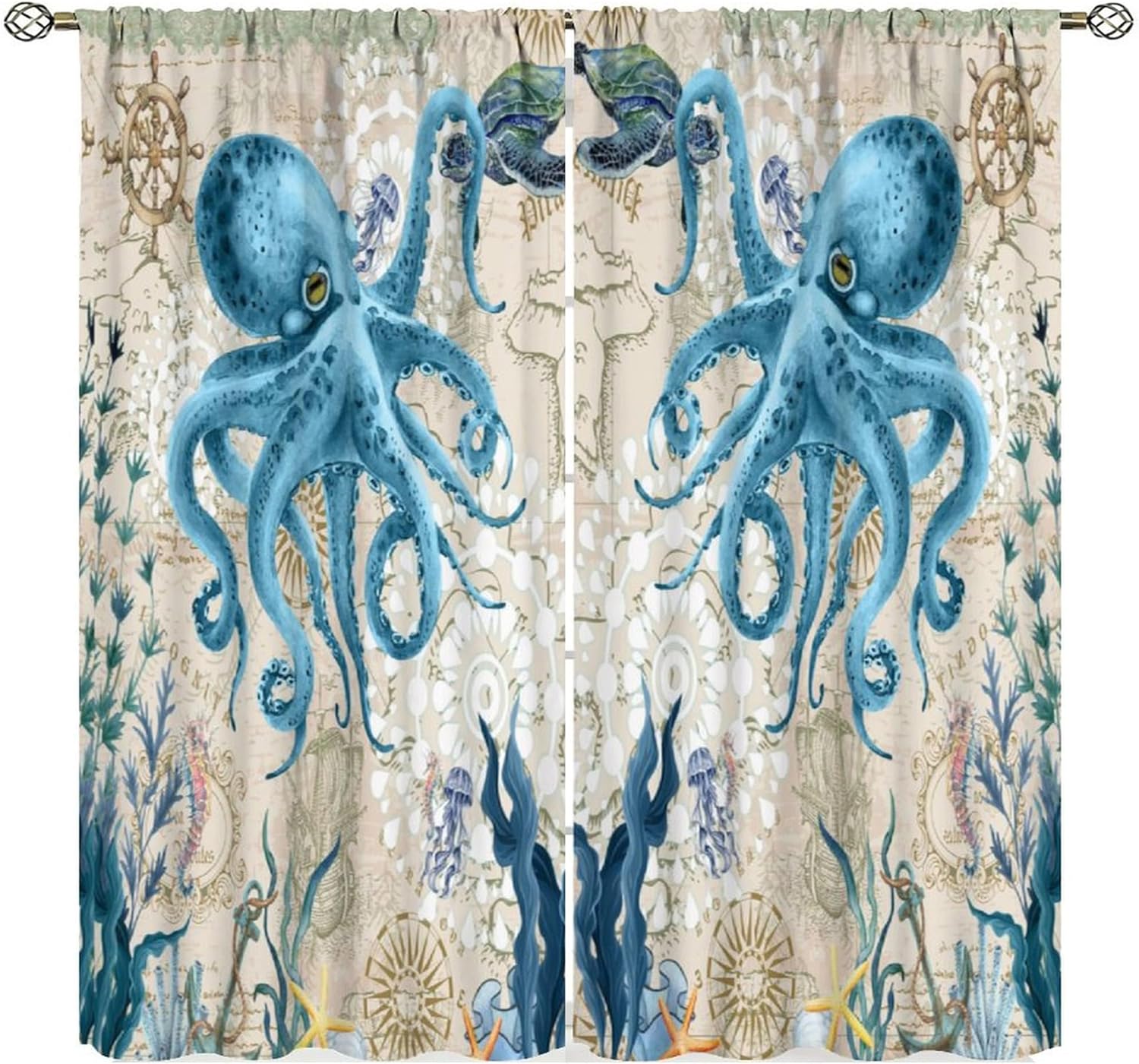 

Octopus Curtains Ocean Animal Coral Nautical Map Starfish Sealifes Beach Theme Pattern Window Drapes Bedroom Kitch Curtain For Sleeping Area Polyester W100*H70(CM)-Rod Pocket&1PCS