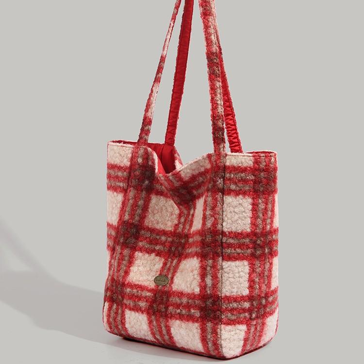 2024 Autumn Winter New Plaid Vertical Striped Plush Korean Style Ins Style Double-Sided Large Capacity Single Shoulder Tote Bag