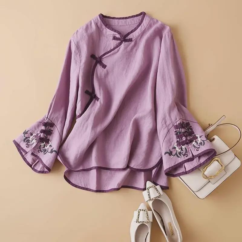 2024 Damen Chinesischer Stil Besticktes Lockeres Hemd mit Schrägem Kragen