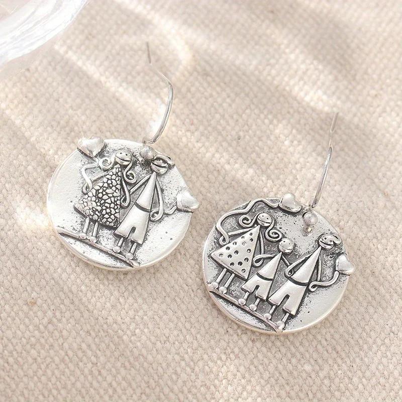 Creative Vintage Hand Carved Family Pattern Round Pendant Earrings for Women  Festival Commemorative Jewelry Crafts Gifts