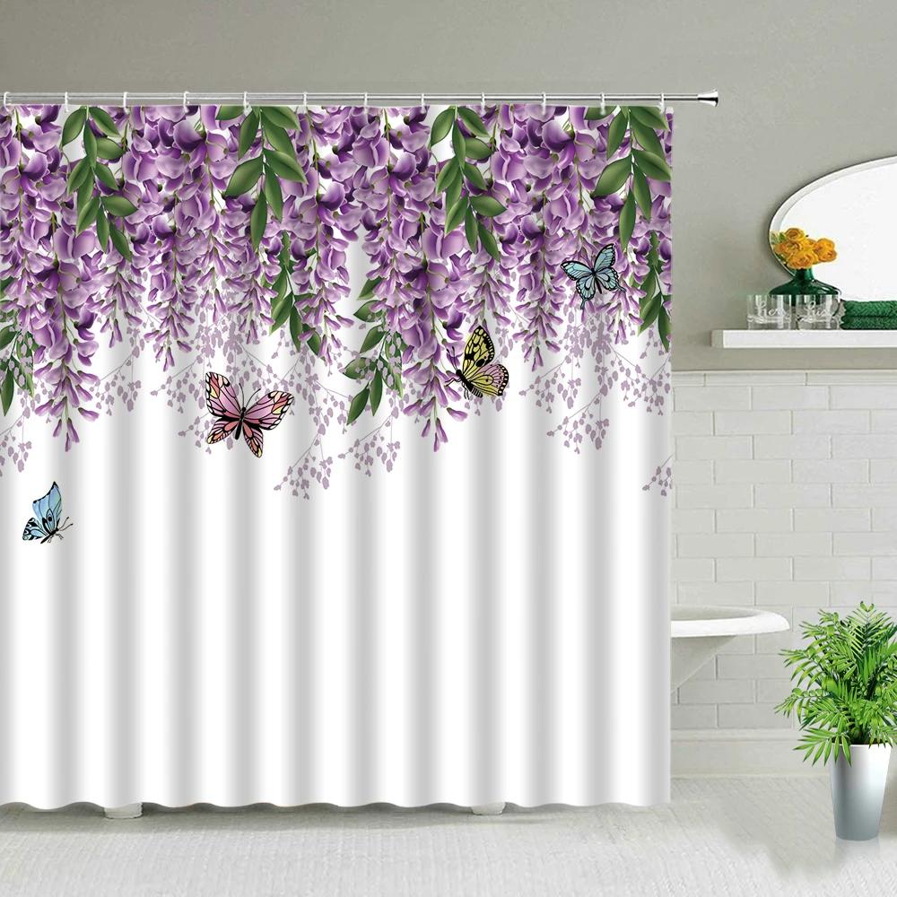 Sunflower Flower Wood Grain Plant Scenery Bathroom Shower Curtain Cactus Butterfly Bee Floral Landscape Bath Curtains With Hooks
