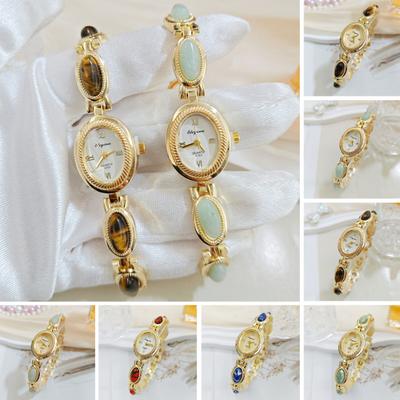 Ladies Vintage Bracelet Watch Retro Oval Dial Quartz Wristwatch Elegant Faux Gemstone Dress Watch for Office Date Party