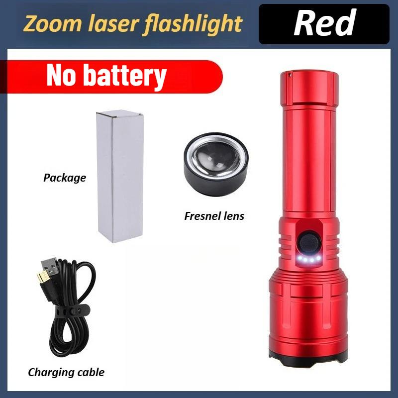Rechargeable Zoomable Flashlight with Flame Ignition White Laser Core 4 Level Power Indicator Fresnel Lens for Outdoor Camping