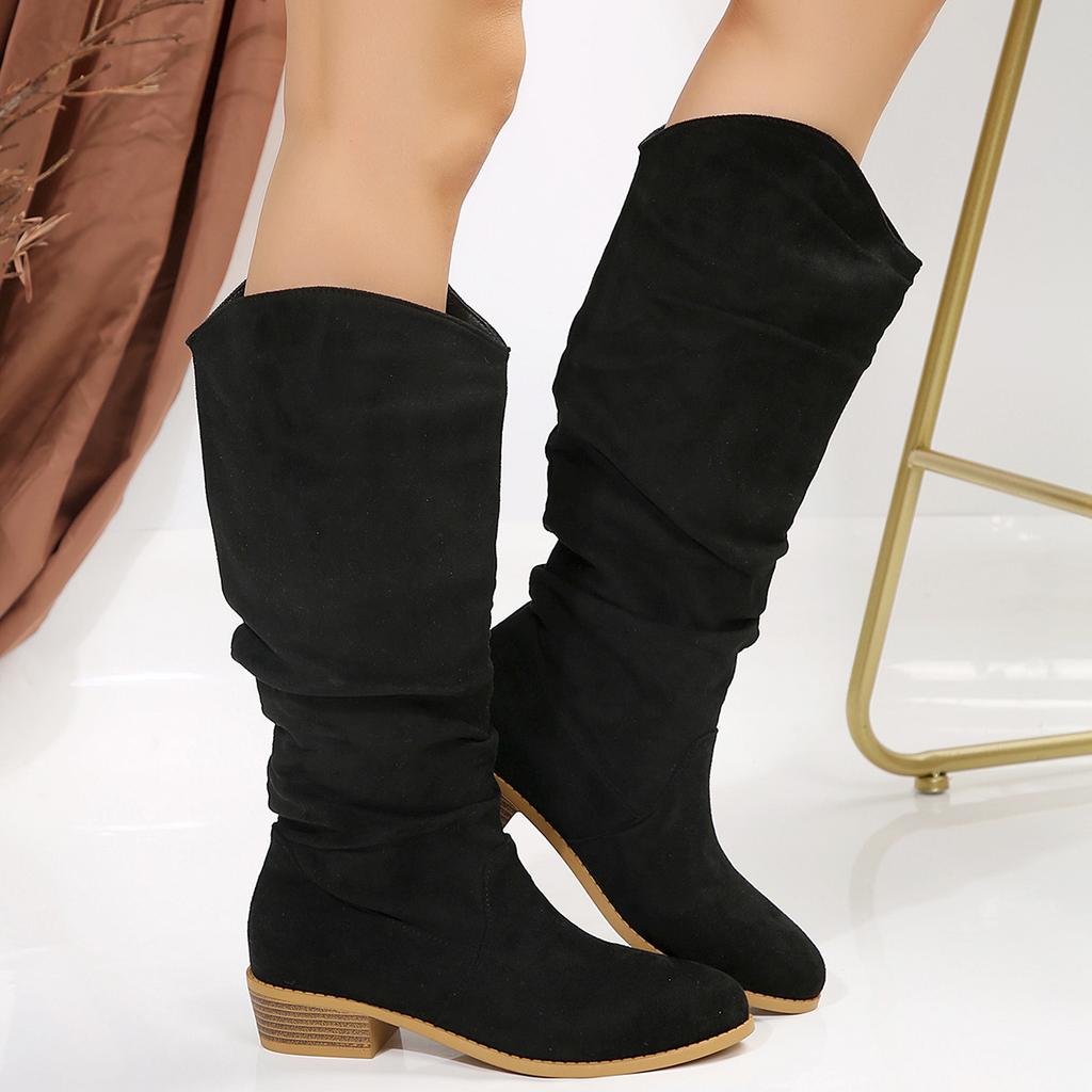 Damen Herbst/Winter Neu Übergröße Runde Zehenpartie Unifarben Ärmel Langstiefel Plissiertes Wildleder Martin-Stiefel