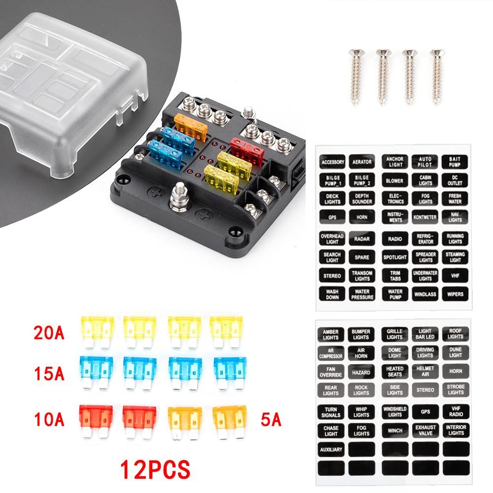 

12V 6-Way Blade Fuse Block with LED Indicator Waterproof Protection Cover and Label Sticker for Automotive Car Truck Trailer