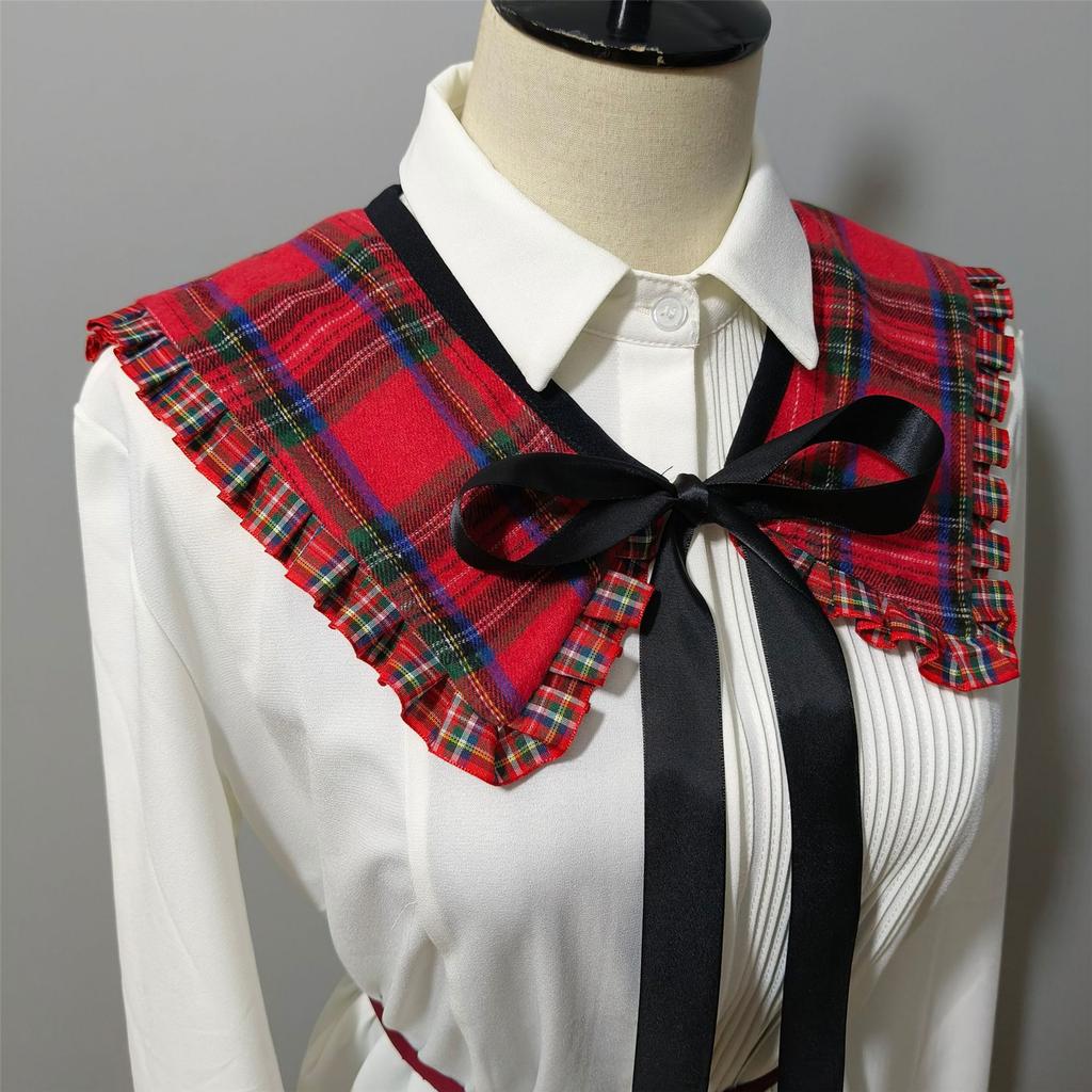 Decorative Ruffled Trim False Collar Neckline for Women Vintage Checkered Plaids Shawl Scarf Bows Tie Capelet Ponchos