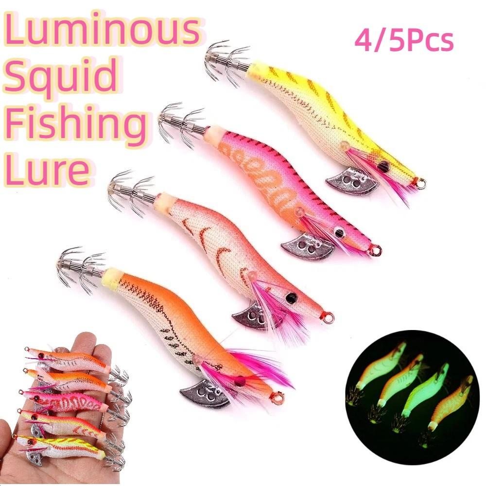 4/5Pcs Durable Luminous Squid Fishing Lure 3D Eyes Wooden Shrimp Bait  Fishing Accessories