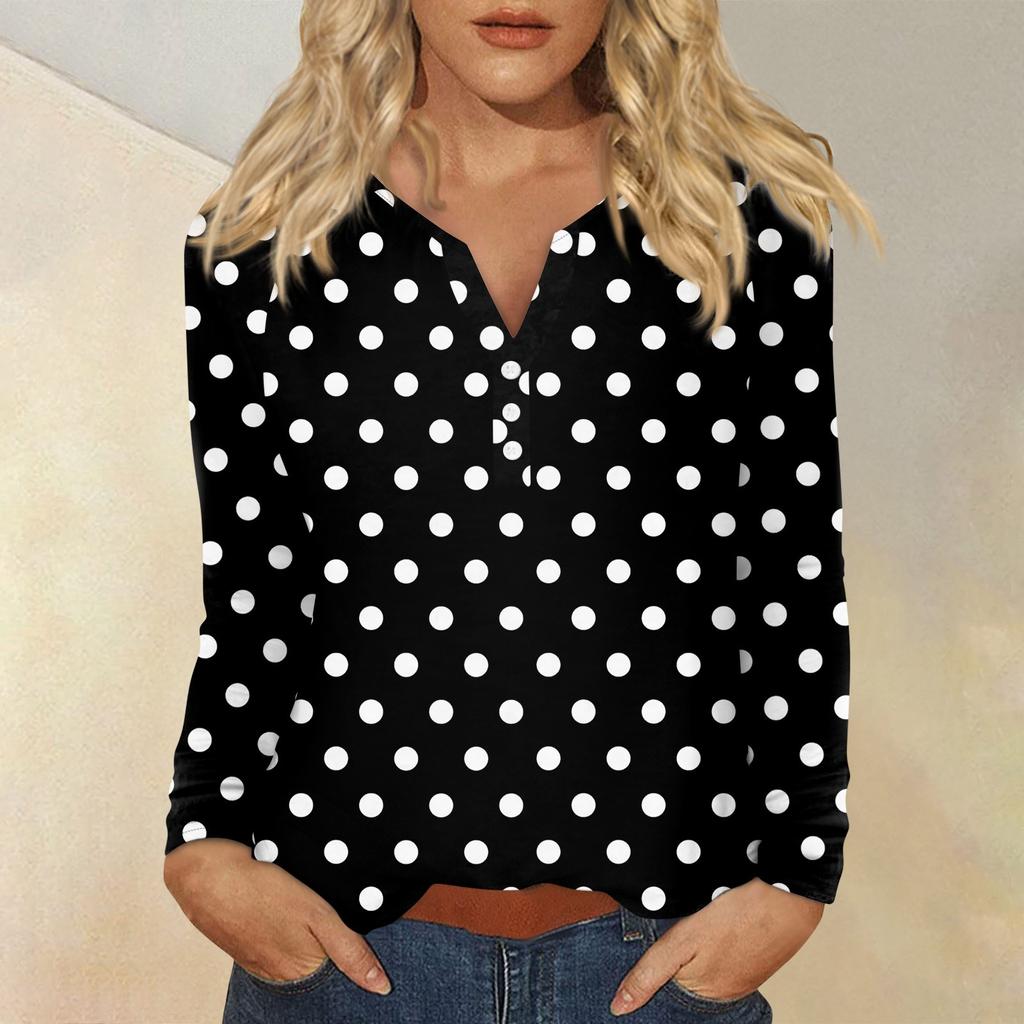Women's Fashion Casual Printed V-neck Long Sleeve Button Up T-shirt Top