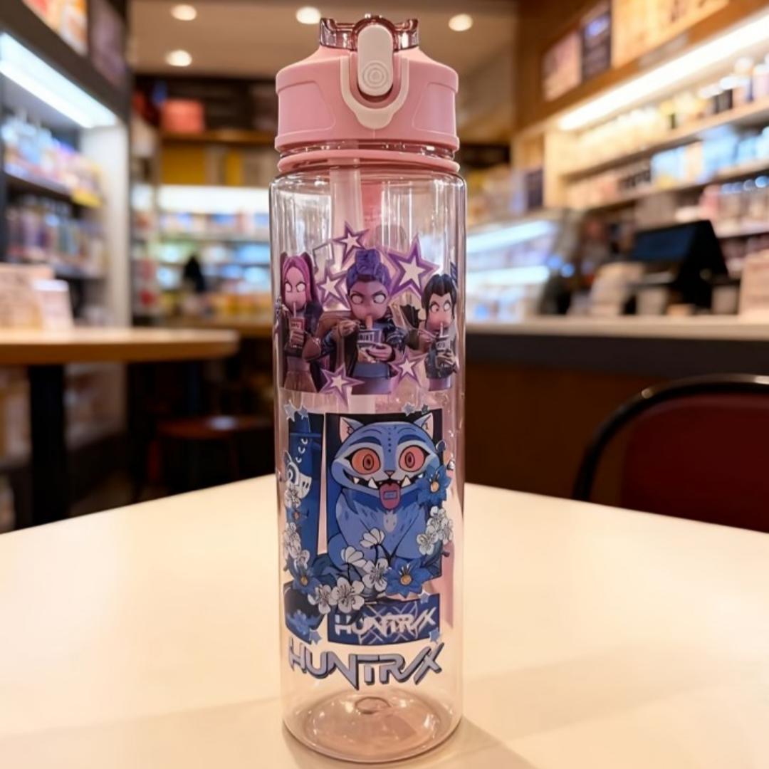 Cute Girl & Cat Double-sided Heat Transfer Printed Water Bottle, Trendy Fashion Hot Style Cup with Portable Lanyard, Transparent 750ML розовый