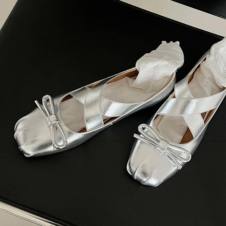 Sheepskin version~ French ballet flat Mary Jane shoes women's summer new cross elastic belt square head shallow mouth single shoes