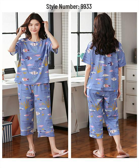 Aifen Teng Women's Summer Cotton Pajama Set: Short Sleeve Top & Three-Quarter Pants, Plus Size, All Cotton