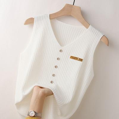 Moda Feminina Malha Gola V Regata Roupas Coreanas Verão Feminino Slim Versátil Liso Base Sem Mangas Fino Casual Colete
