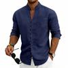 Mens Stand Collar Solid Color Loose Casual Long Sleeve Shirt