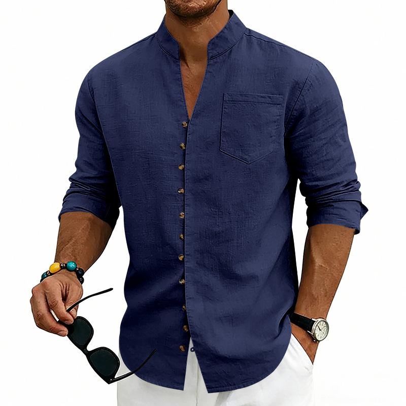 Mens Stand Collar Solid Color Loose Casual Long Sleeve Shirt