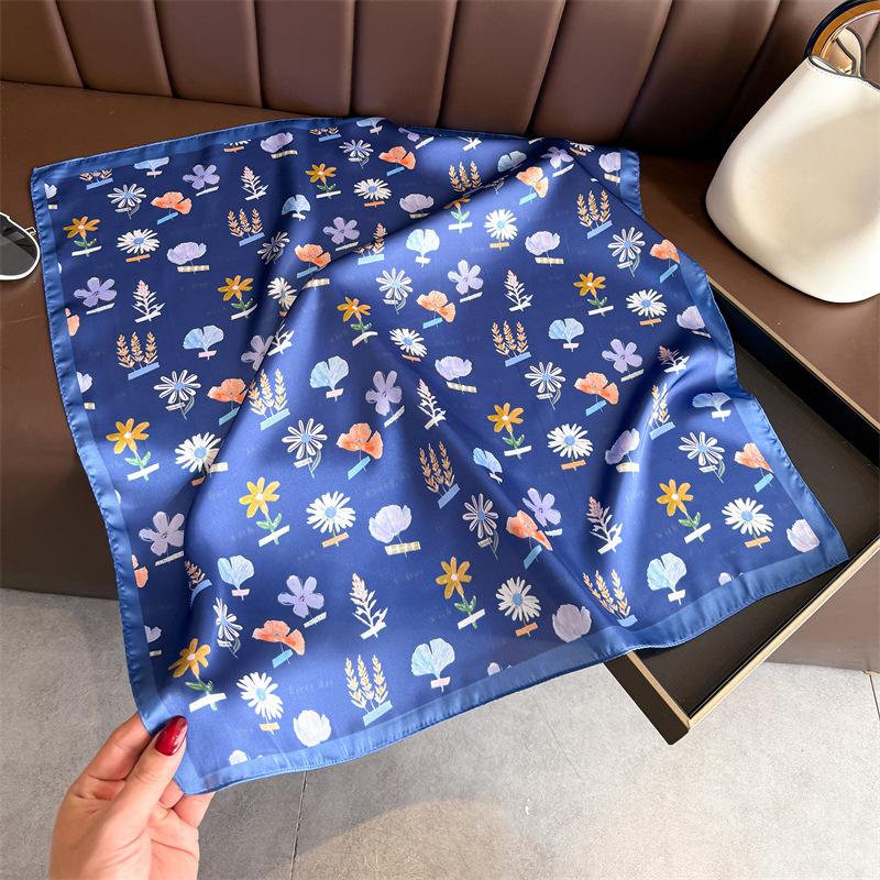 Korean Style Printed Silk Like Square Scarf For Women Sun Protection 66*70cm