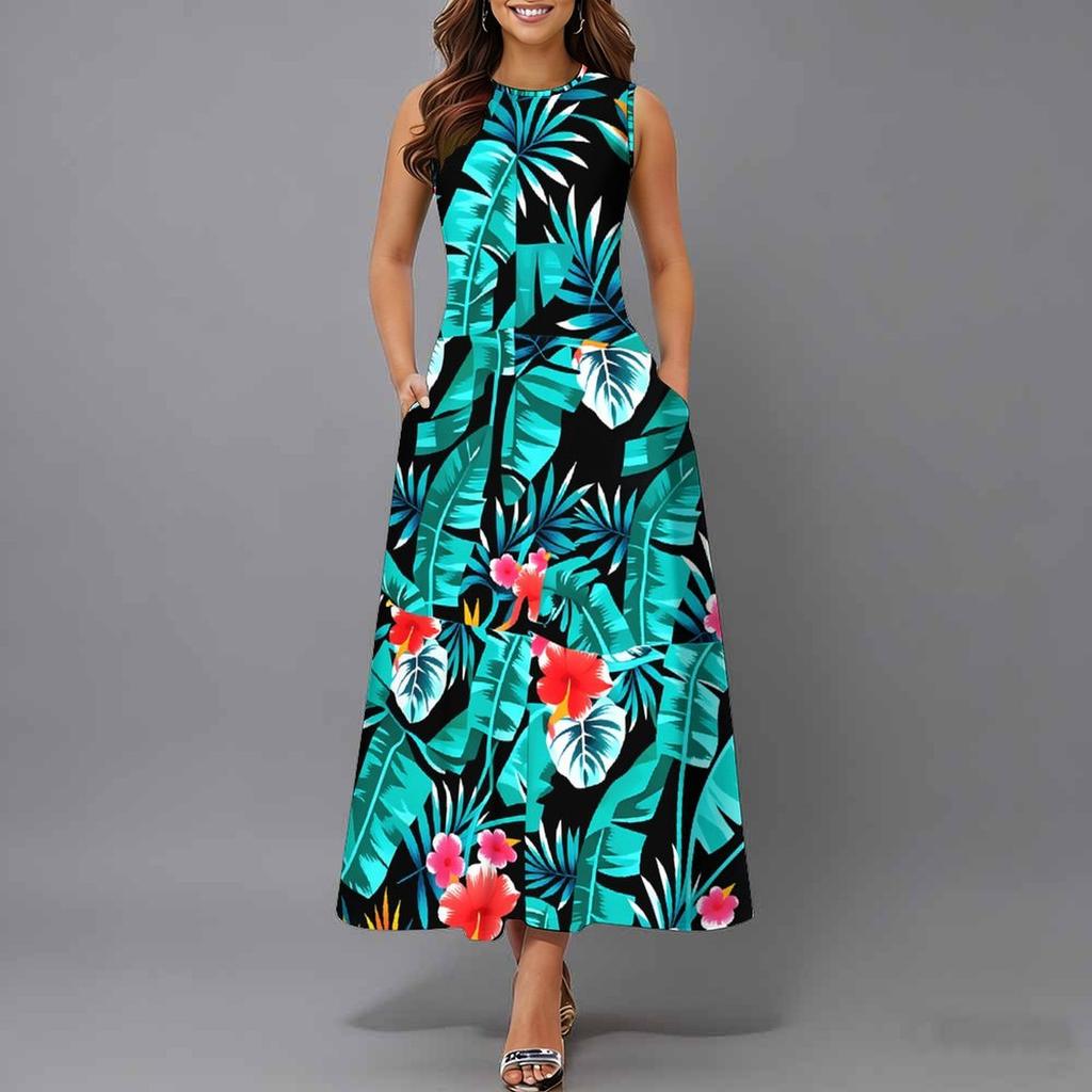 Oversized Women Sleeveless Round Neck Dress Stylish Multicolor Floral Branch Flowy Mid Calf Dress