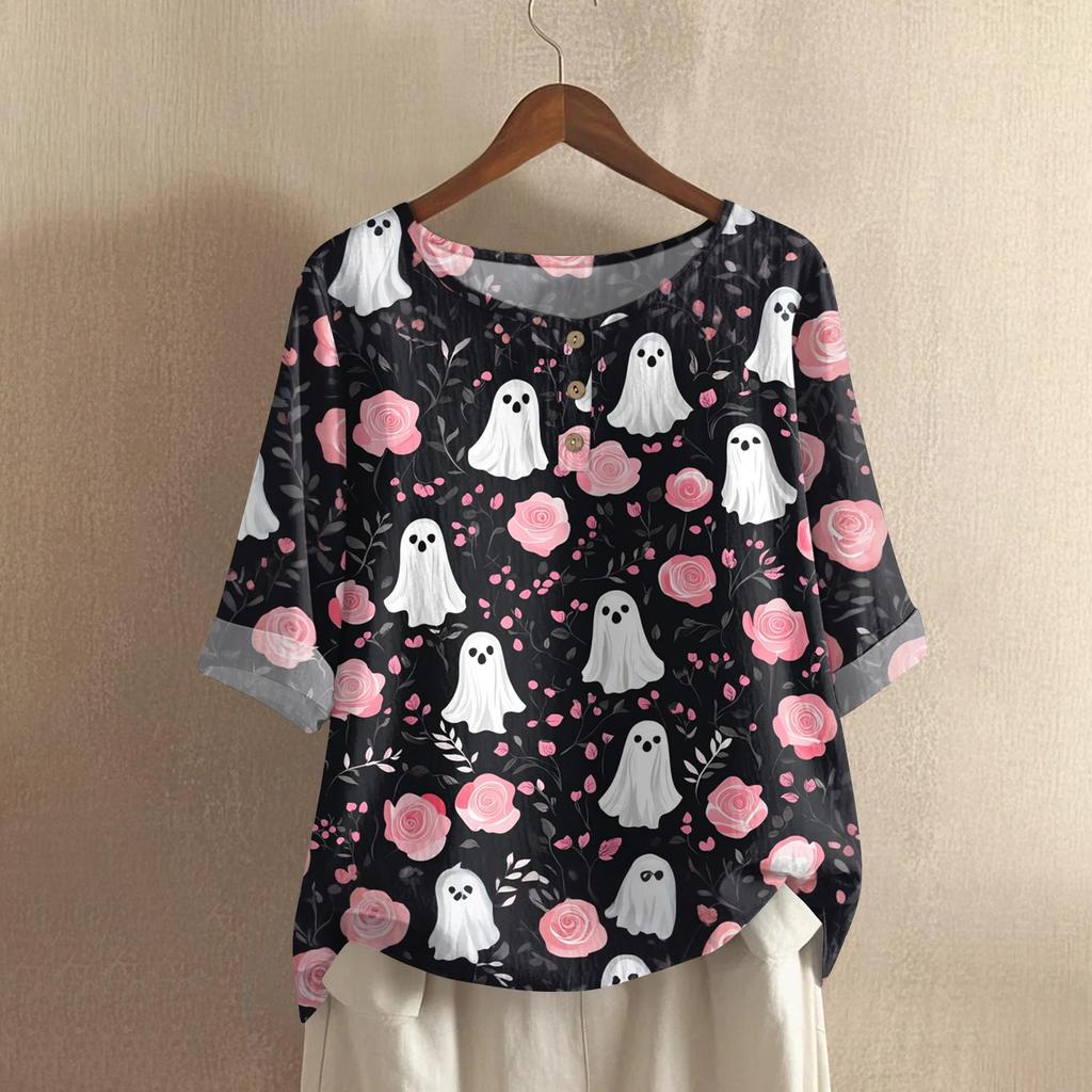Camicia alla moda e casual da donna a maniche corte con scollo rotondo e stampa, blusa top in cotone e lino
