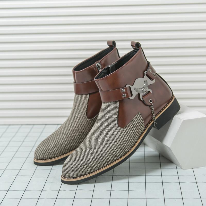 New Arrival Trend Men's Pointed Mixed Patchwork Ankle Boots British Designer Botas Trend Casual Luxury High-top Punk Rock Shoes
