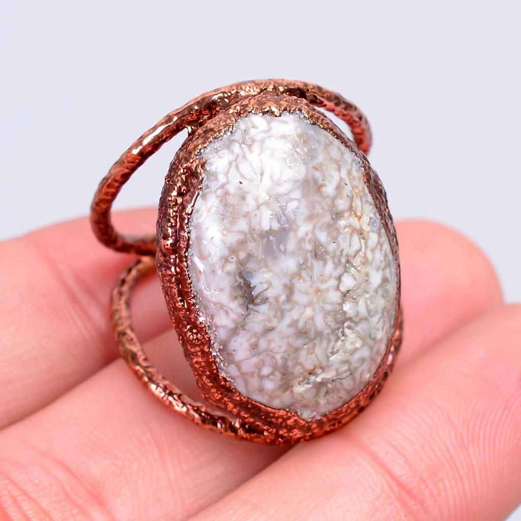 Oval Fossil Coral Stone Copper Eternity Promise Boho Electroformed Ring Jewelry V-59