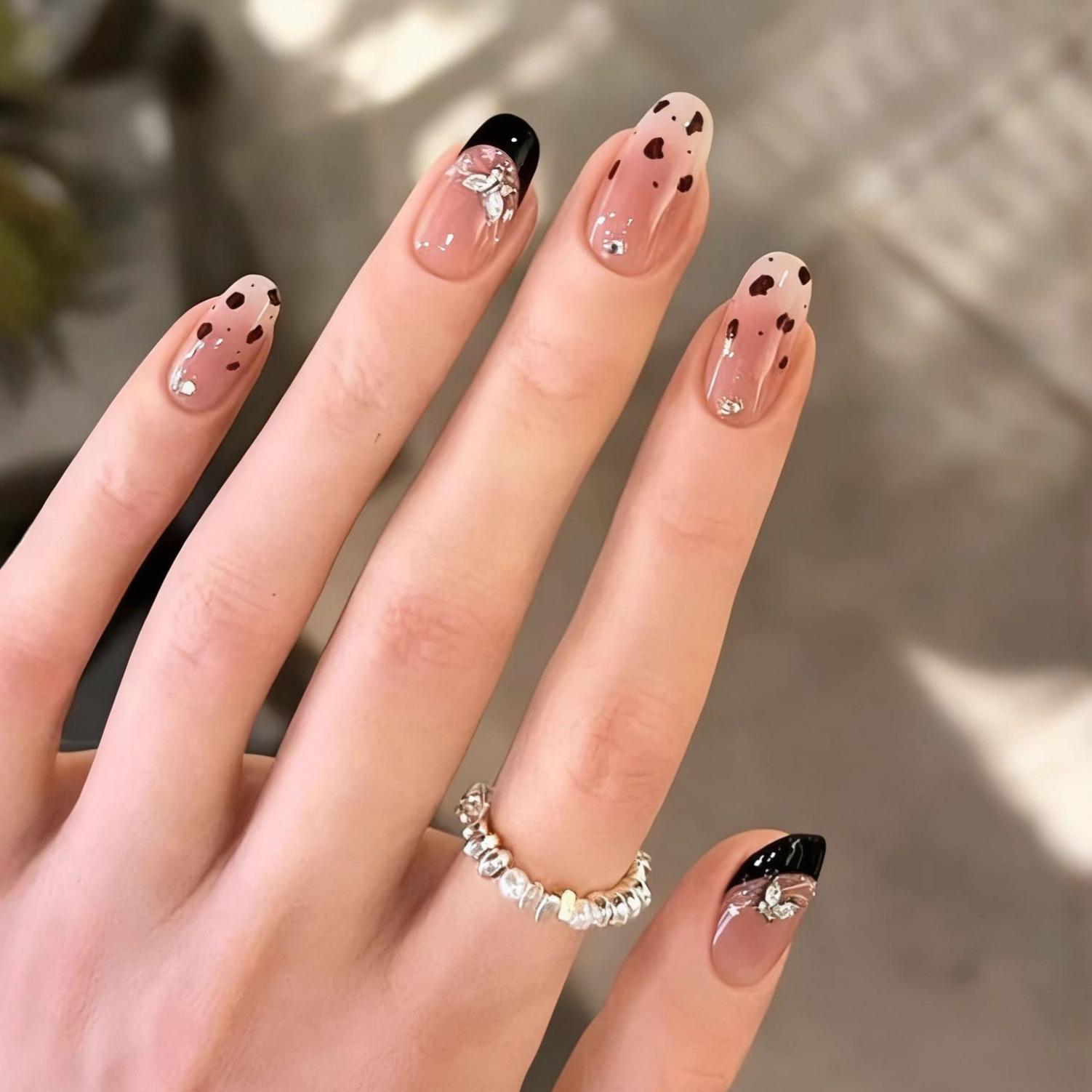 Leopard Print Butterfly Rhinestone French Manicure Nails