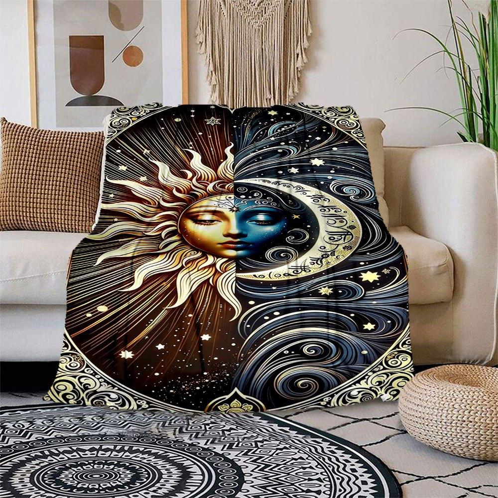 Golden Sun & Blue Moon Celestial Art Print Blanket Flannel Throw Blanket for Sofa, Bed, Travel, Camping, Office 100x150cm