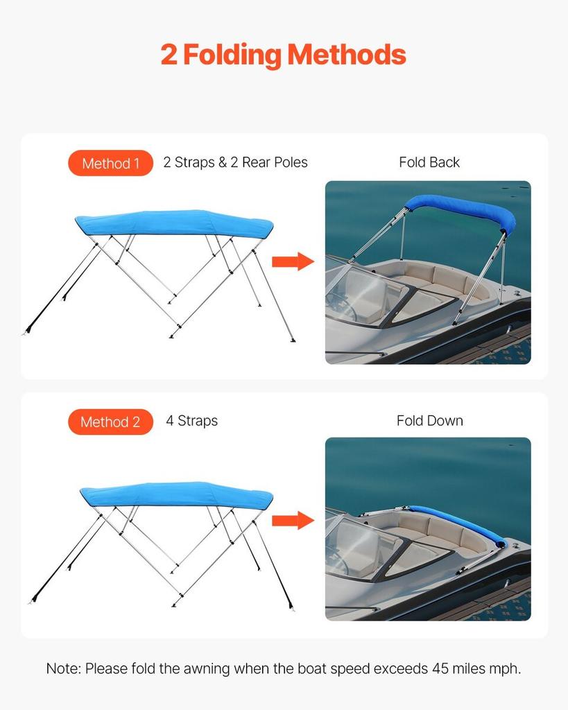 4 Bow Boat Bimini Tops 96"Lx(85"-90")W X 54"H Awning Canopy Pacific Blue