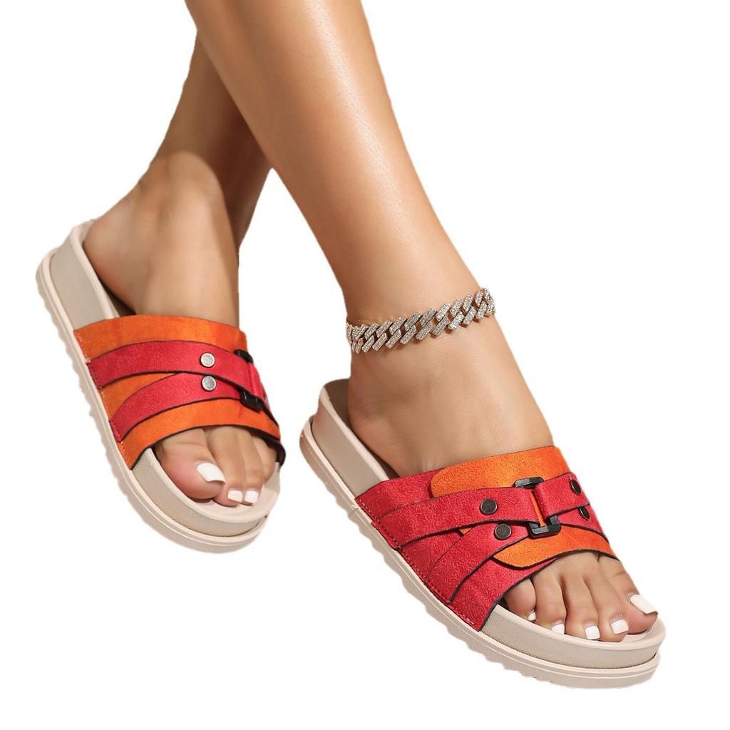 One-pedal slippers for home wear, red fabric decorative flats, comfortable and simple double-layer white flat slippers