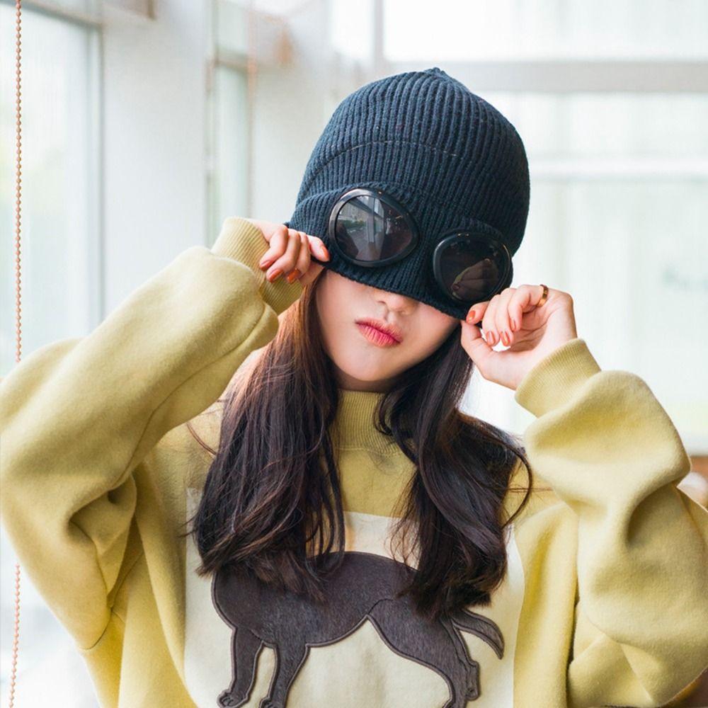 Pilot Glasses Cap With Glasses Skullies Caps Korean Beanies Ski Cap Knitted Hats Women Wool Caps