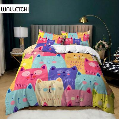 Animal Duvet Cover Set Cartoon Kittens Funny Smiling Doodle Humorous Twin Bedding Set Boy Girls Queen King Polyester Quilt Cover