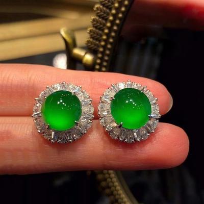 Nové vykládané přírodní Hetian plně zelené chalcedonové kulaté náušnice s velkým květinovým motivem, luxusní, extravagantní, retro šperky