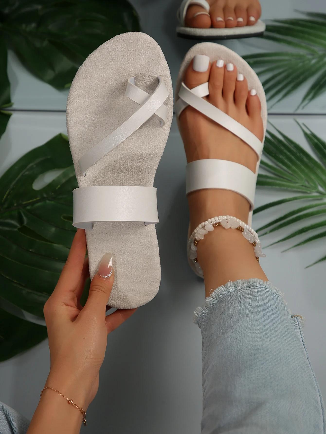 

Модные сандалии женские повседневные тапочки на плоской подошве лето 2024 г. новые модные шлепанцы пляжные бохо туфли женские домашние тапочки 43 белый