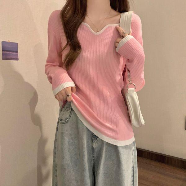 

Женский трикотаж больших размеров, осенняя футболка с длинным рукавом контрастного цвета, квадратный вырез, базовый слой, внутренний облегающий топ XL розовый