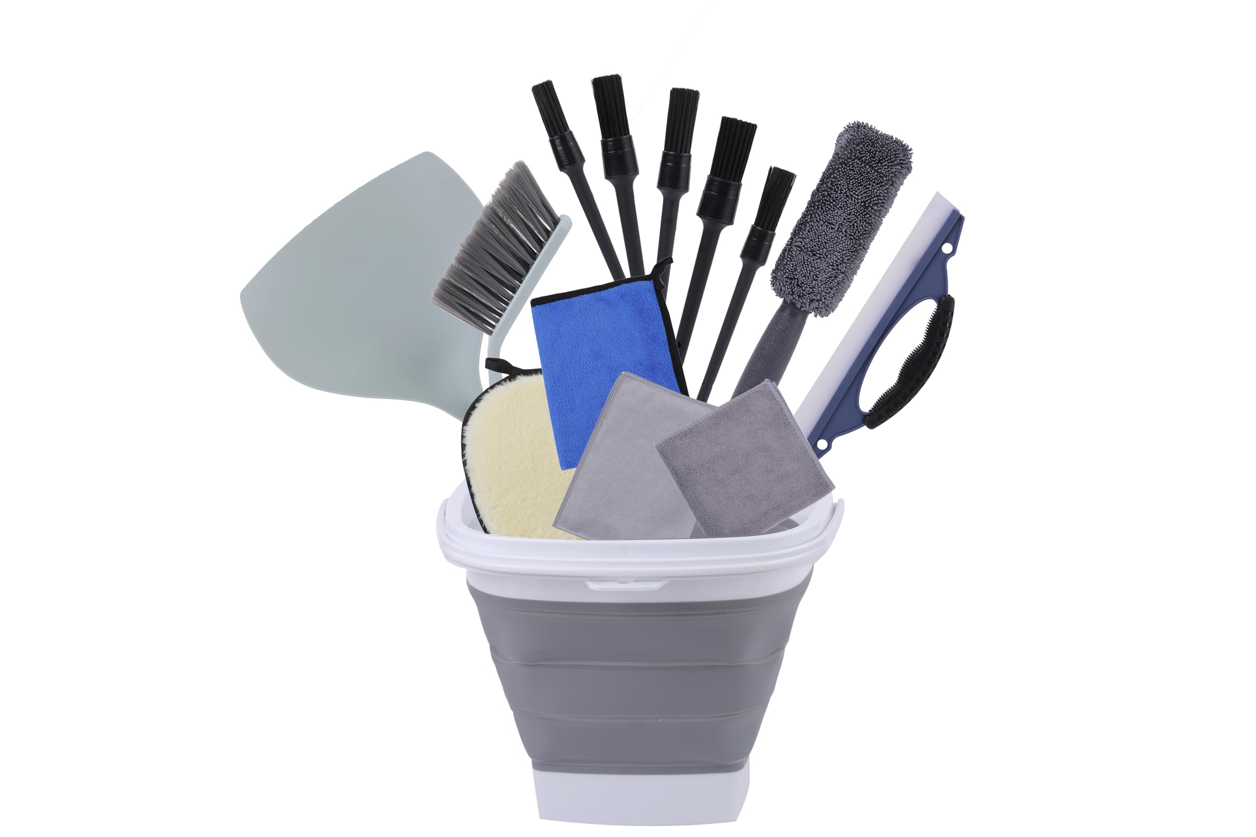 

car wash kit including shearling absorbent microfiber and 14-piece sponge, brush, towel, bucket, motorcycle, gloves, broom, cloth, wheels. [Used]