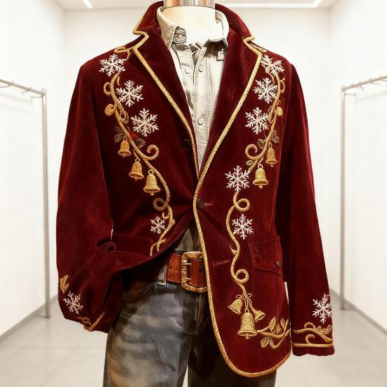 Pánské manšestrové sako Jednořadé sako Klopa Dlouhý rukáv 3D Vánoční tématický potisk Slim Fit Sako Formální jevištní oblečení