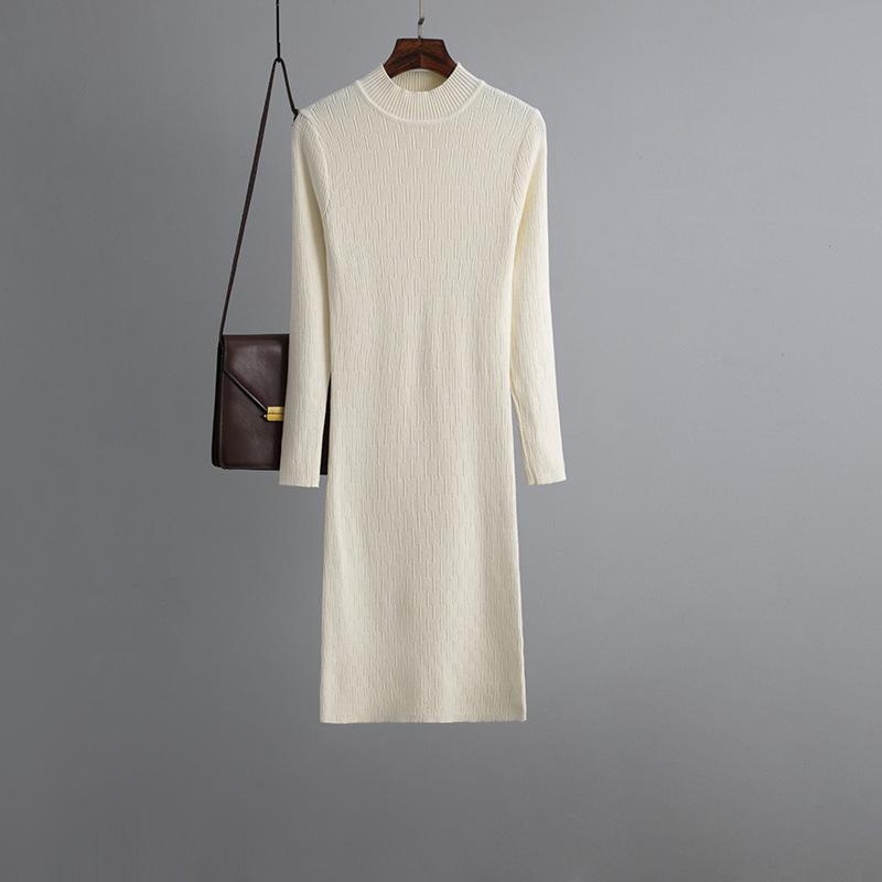 Women New Autumn Winter O Neck Slim Causal Long Sleeve Knit Solid Color All Match Sweater Dress
