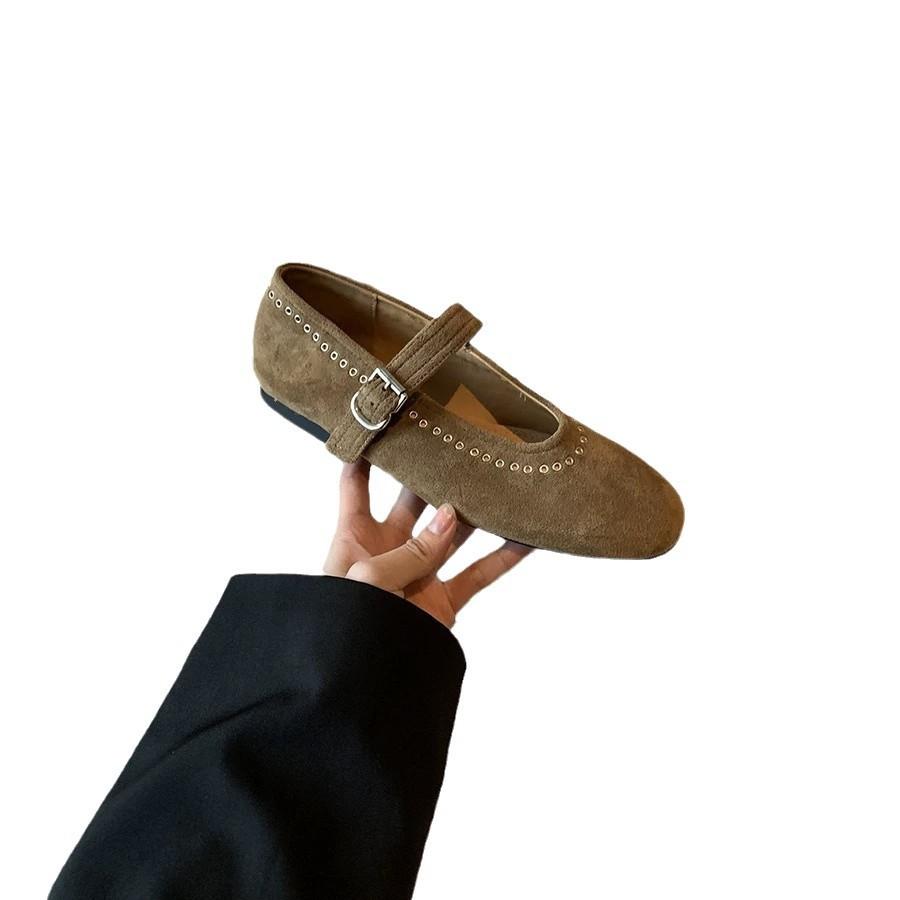 French Leather Suede One-word Buckle with Mary Jane Women's Shoes 2025 New Versatile Flat Bottom Round Head Rivet Single Shoes Women