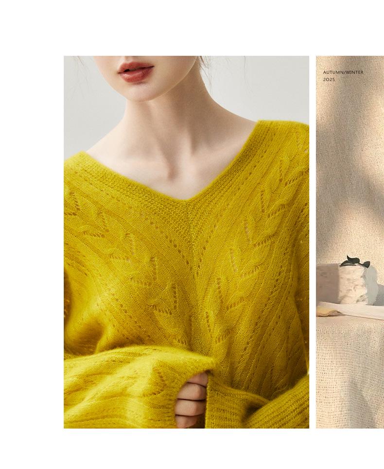 2025 Autumn/Winter Women's Leaf Pattern V-Neck Cashmere Knit Sweater Jumper