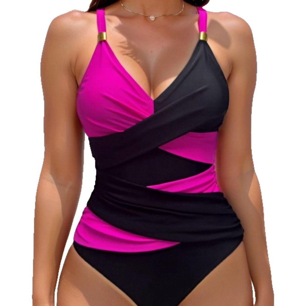 2025 Color Block Crossover Gathered One-Piece Swimsuit for Women