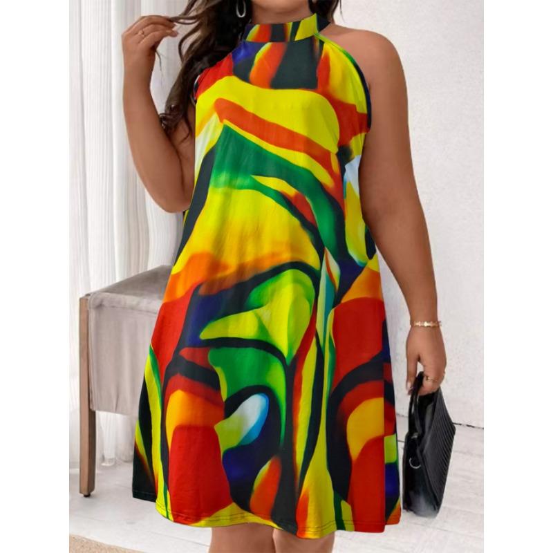 Women Fashion V Neck Sleeveless Striped Print Summer Beach Midi Dress