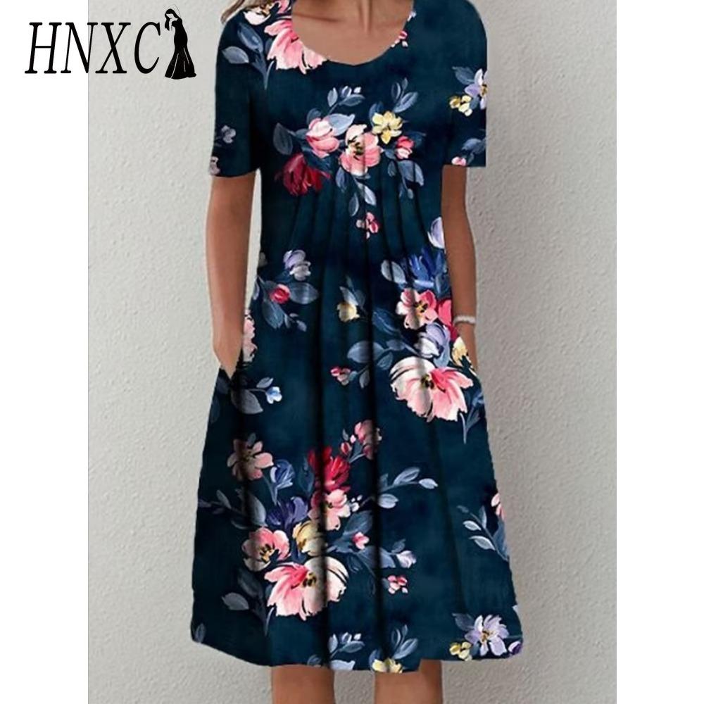 HNXC 30 Color Pleated Midi Dress Short Sleeve Round Neck Loose Hem Mid-Calf Length Women Floral A-Line Party Dress Casual Wear