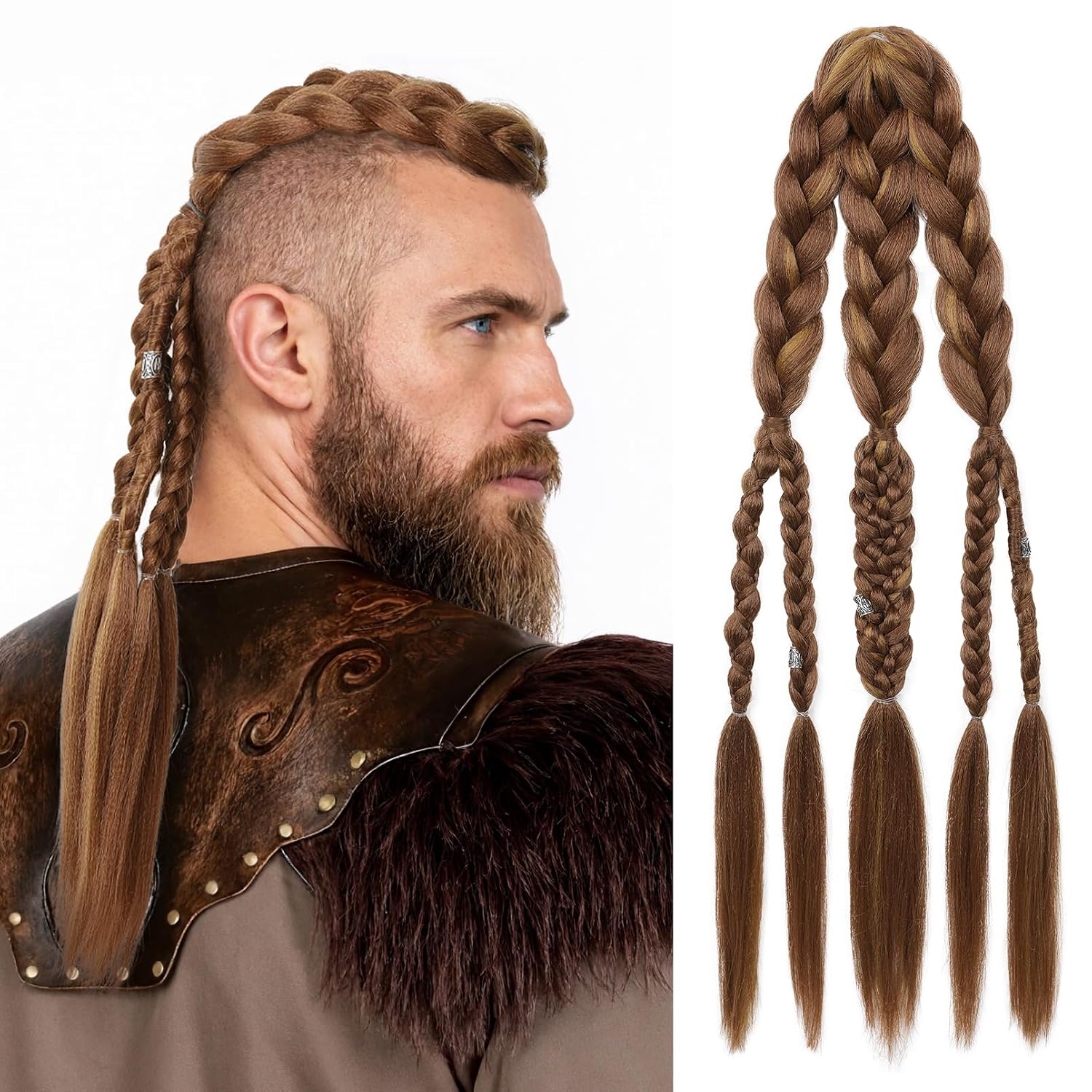 Extensii de Păr Viking pentru Bărbați 24  Coadă de Păr Împletită cu Clips, Realizată Manual, pentru Costum Viking de Halloween, Accesorii Războinic Renaștere beige