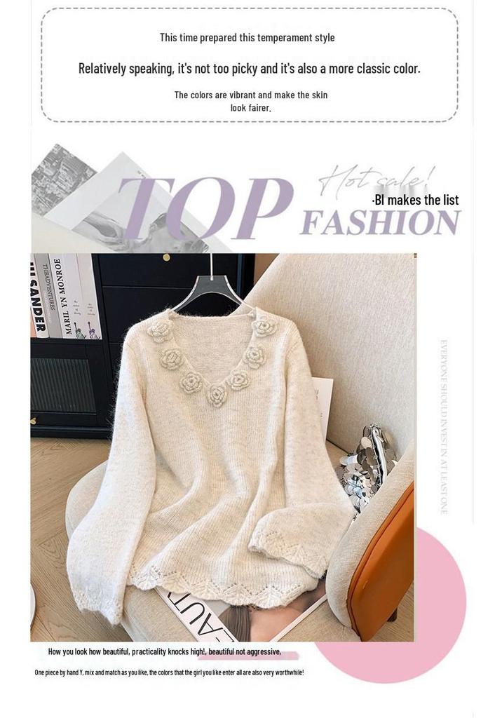 Pink Flower V-Neck Sweater - Plus Size, Mid-Length for Chubby Women, Fall/Winter 2024