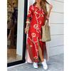 Women's Summer New Style Long-sleeved Casual Shirt Skirt Long Printed Split V-neck Large Size Loose Dress